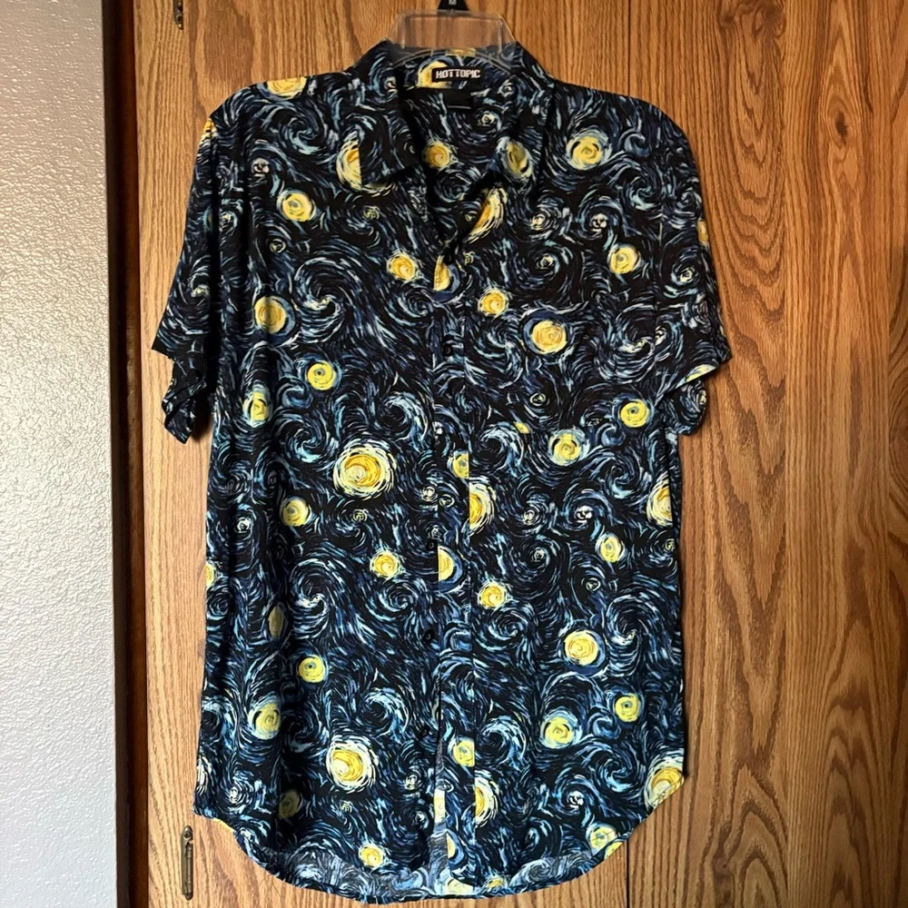 Hot Topic Men's Starry Swirl Short-Sleeve Button-Down Shirt - Navy & Yellow - Picture 3 of 4